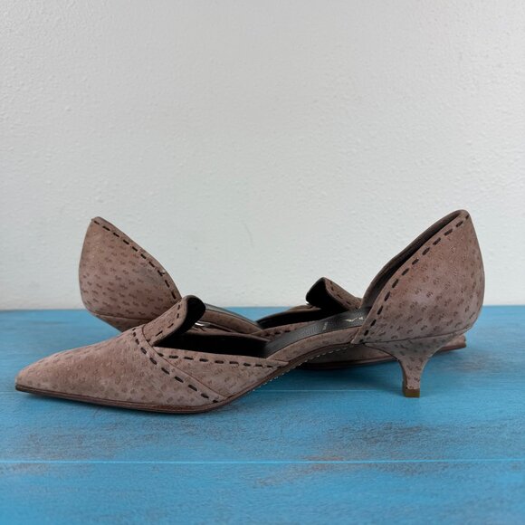 PRADA Tan Ostrich Suede Stitched Pointed Toe Kitten Heels Size 37.5 US 7.5 - Picture 8 of 12
